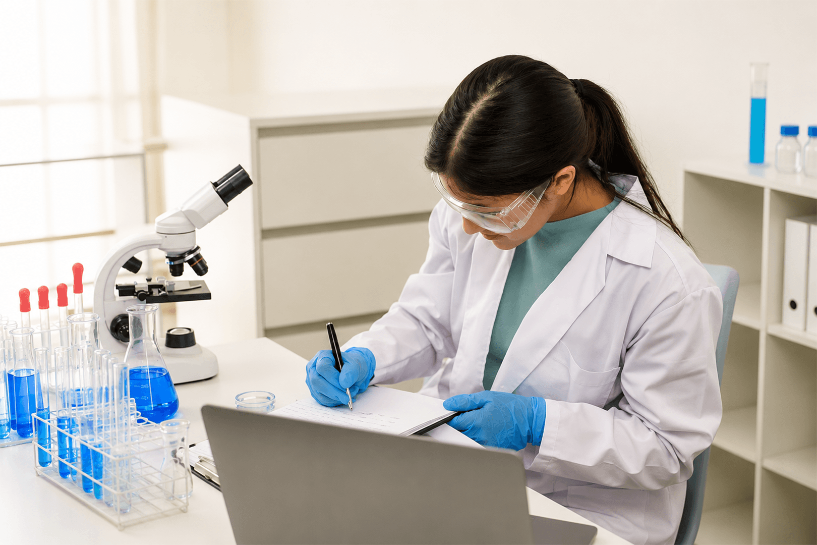 Scientist reviewing formulation notes in a laboratory