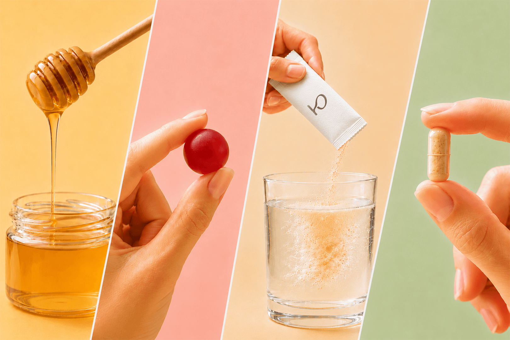 Multiple supplement formats including honey, gummy, powder, and capsule